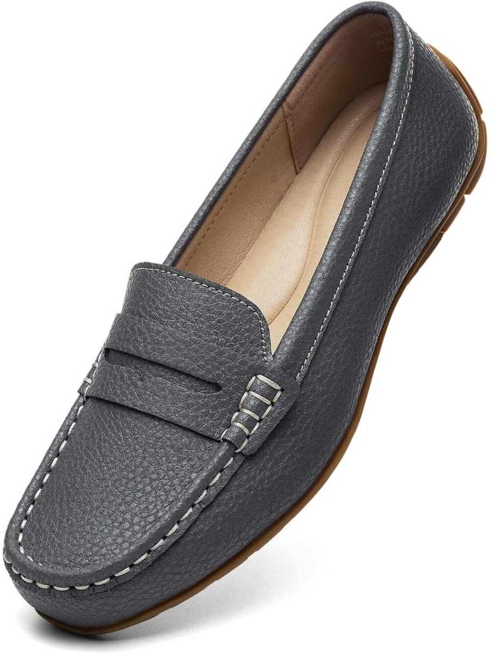 Women's Grey Comfortable Lightweight Leather Penny Slip On Loafer Flat Shoes